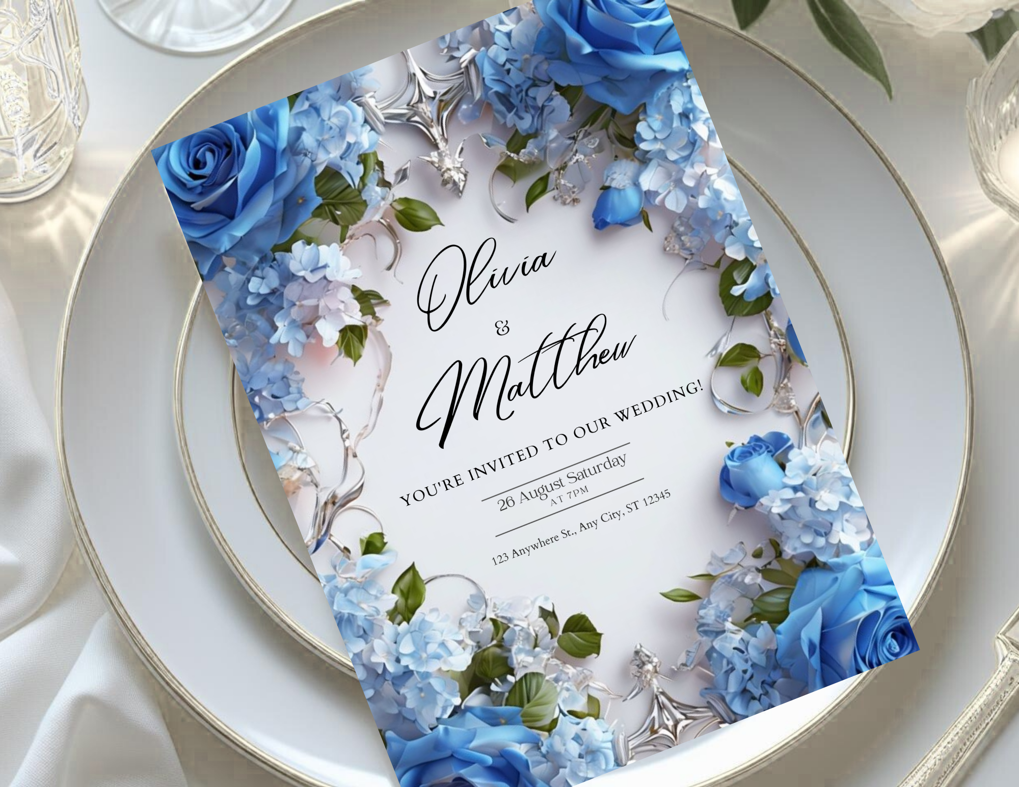 Blue Floral Digital Wedding Invitation | Printable 5x7, Mobile & Animated Invite | Editable Canva Template with RSVP