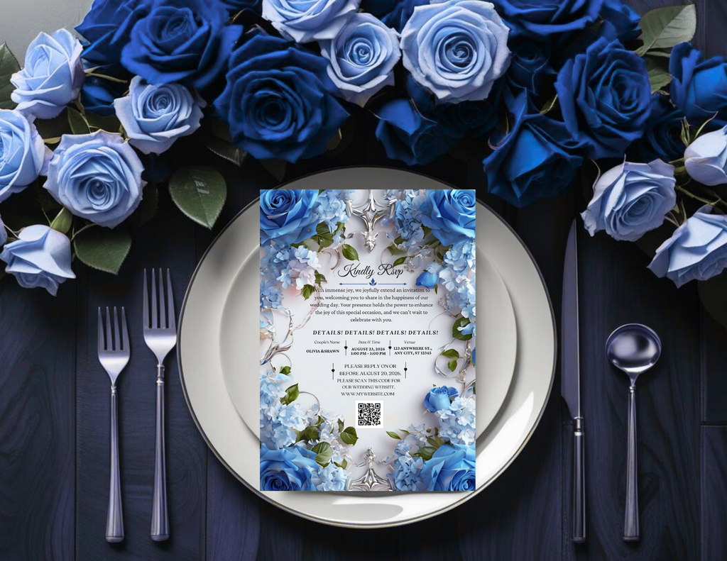 Blue Floral Digital Wedding Invitation | Printable 5x7, Mobile & Animated Invite | Editable Canva Template with RSVP