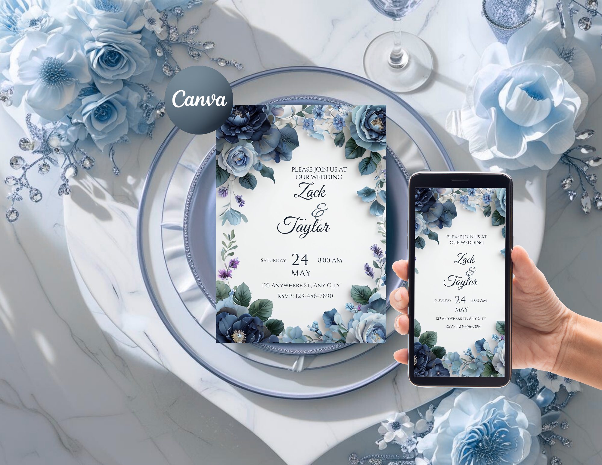 Blue Rose Digital Wedding Invitation – Printable 5x7 + Mobile & Animated 1080x1920 Version