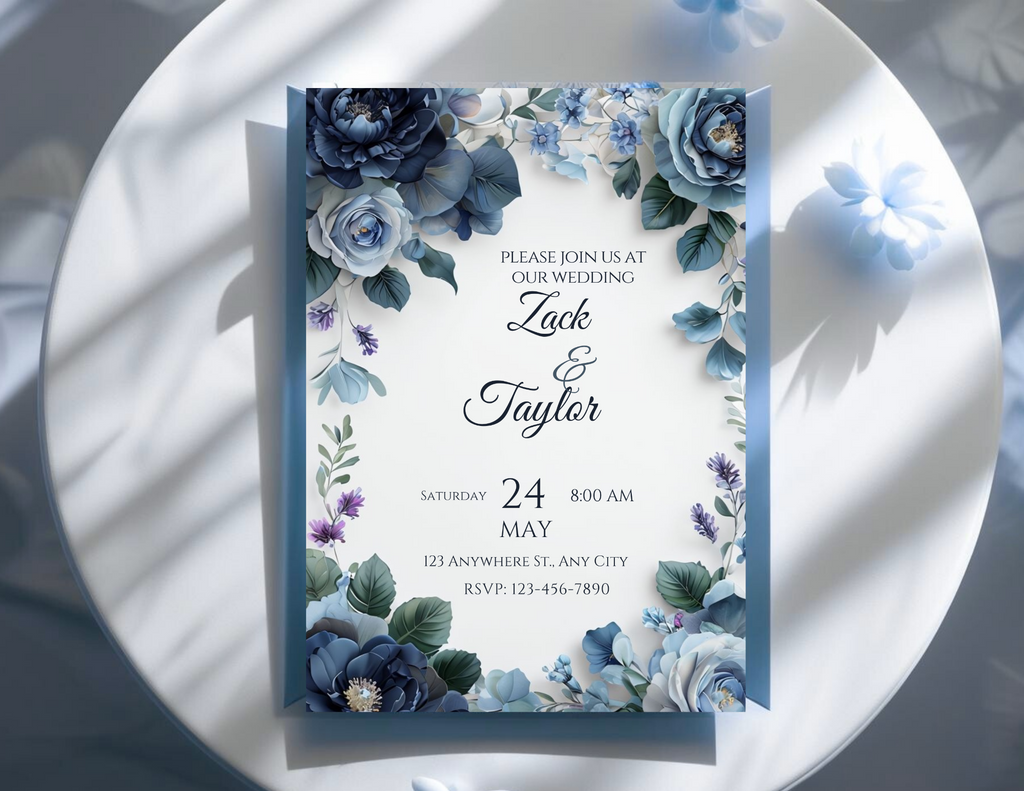 Blue Rose Digital Wedding Invitation – Printable 5x7 + Mobile & Animated 1080x1920 Version