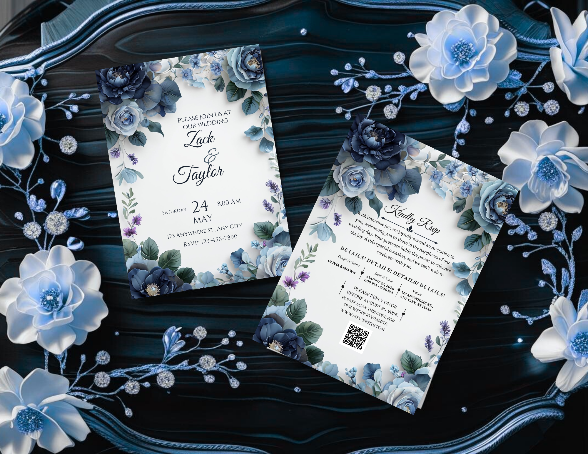 Blue Rose Digital Wedding Invitation – Printable 5x7 + Mobile & Animated 1080x1920 Version