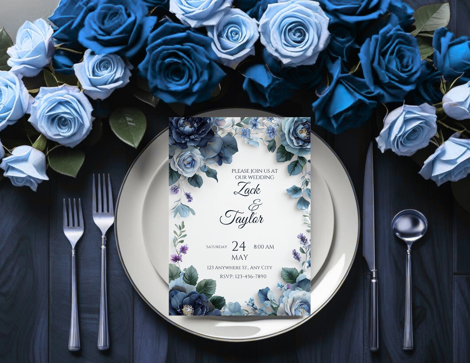 Blue Rose Digital Wedding Invitation – Printable 5x7 + Mobile & Animated 1080x1920 Version