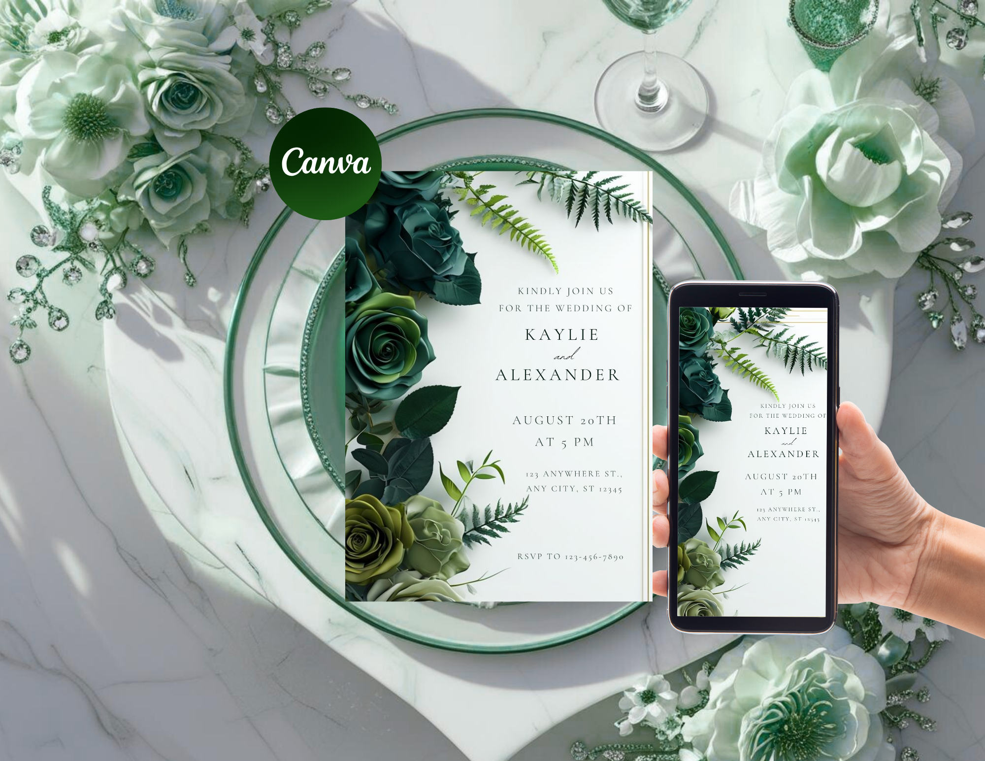 Dark Green Floral Digital Wedding Invitation – Printable 5x7 + Mobile & Animated 1080x1920 Version