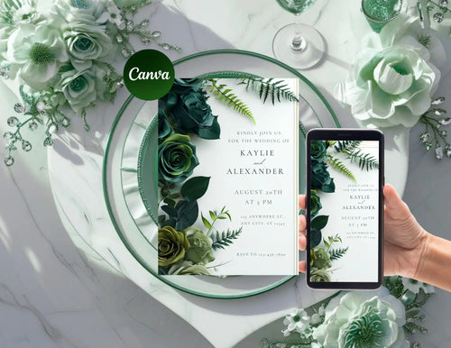 Dark Green Floral Digital Wedding Invitation – Printable 5x7 + Mobile & Animated 1080x1920 Version - Conception Design