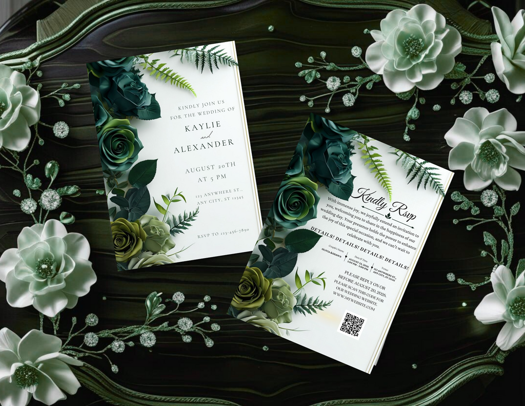 Dark Green Floral Digital Wedding Invitation – Printable 5x7 + Mobile & Animated 1080x1920 Version