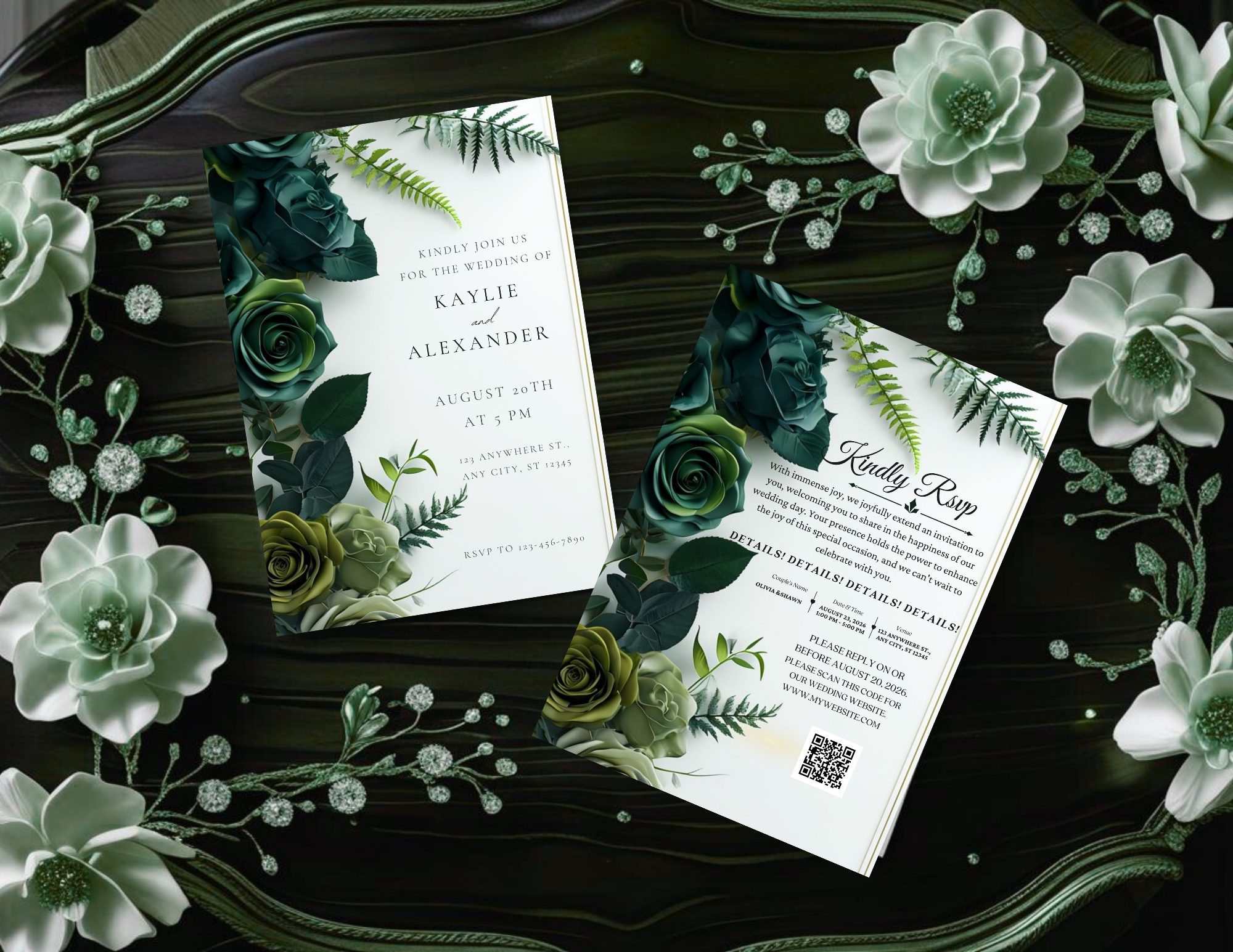 Dark Green Floral Digital Wedding Invitation – Printable 5x7 + Mobile & Animated 1080x1920 Version