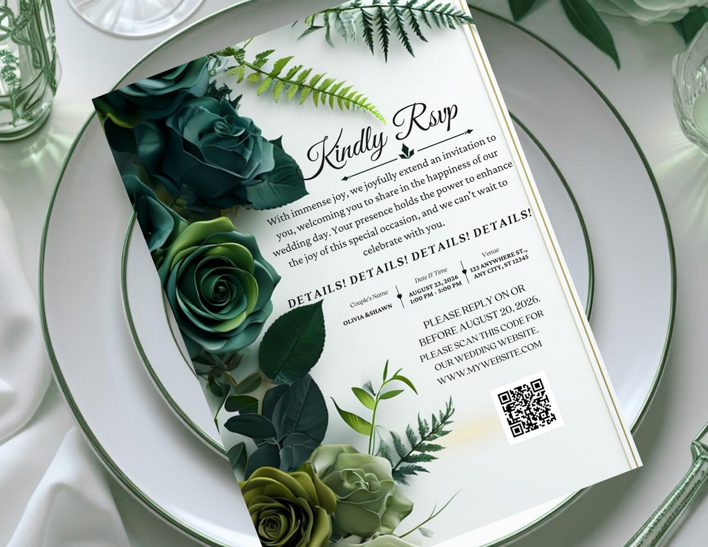 Dark Green Floral Digital Wedding Invitation – Printable 5x7 + Mobile & Animated 1080x1920 Version
