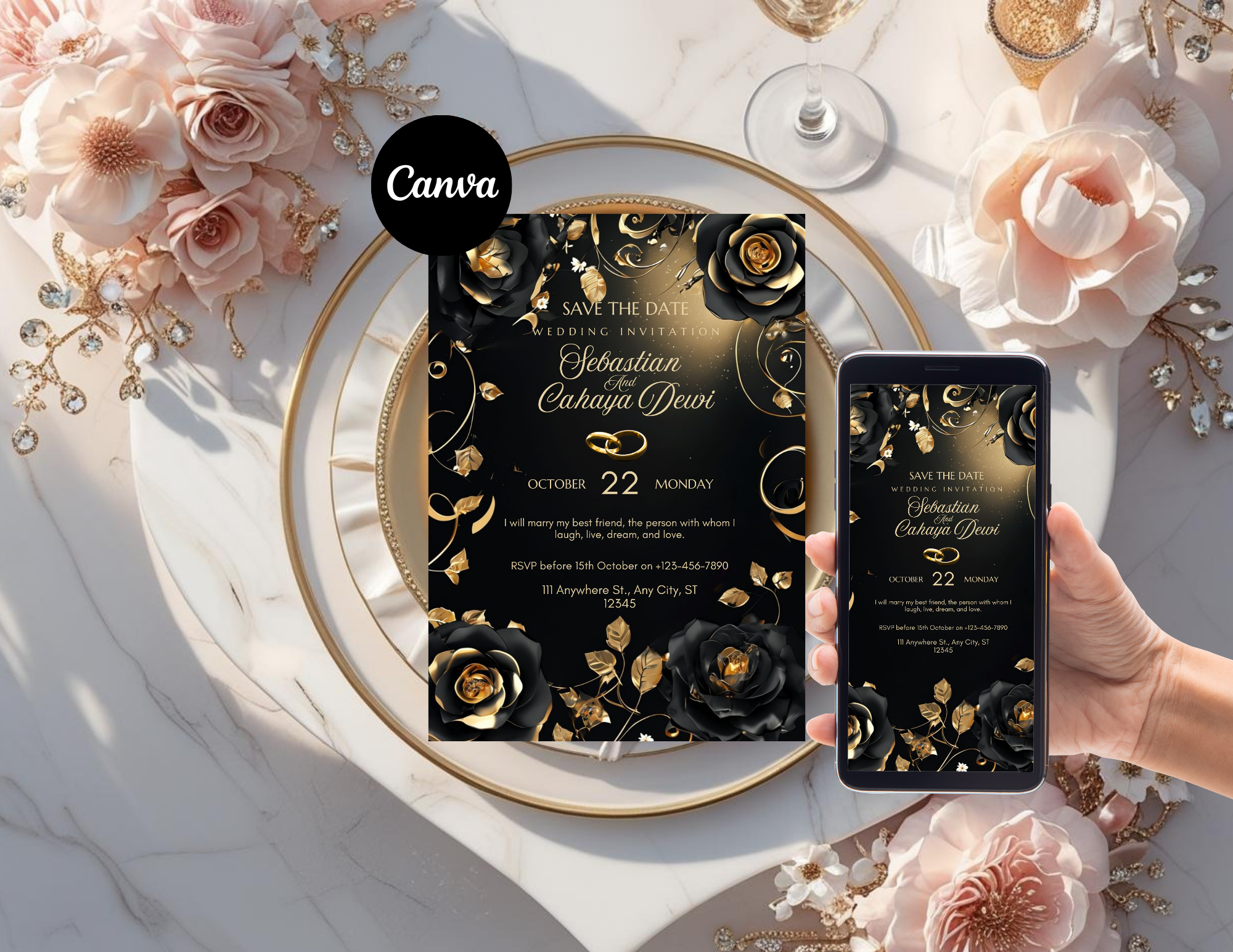 Luxury Black and Gold Wedding Invitation Template, Editable Canva Save the Date, Elegant Floral Digital Invite, Printable & Mobile Version