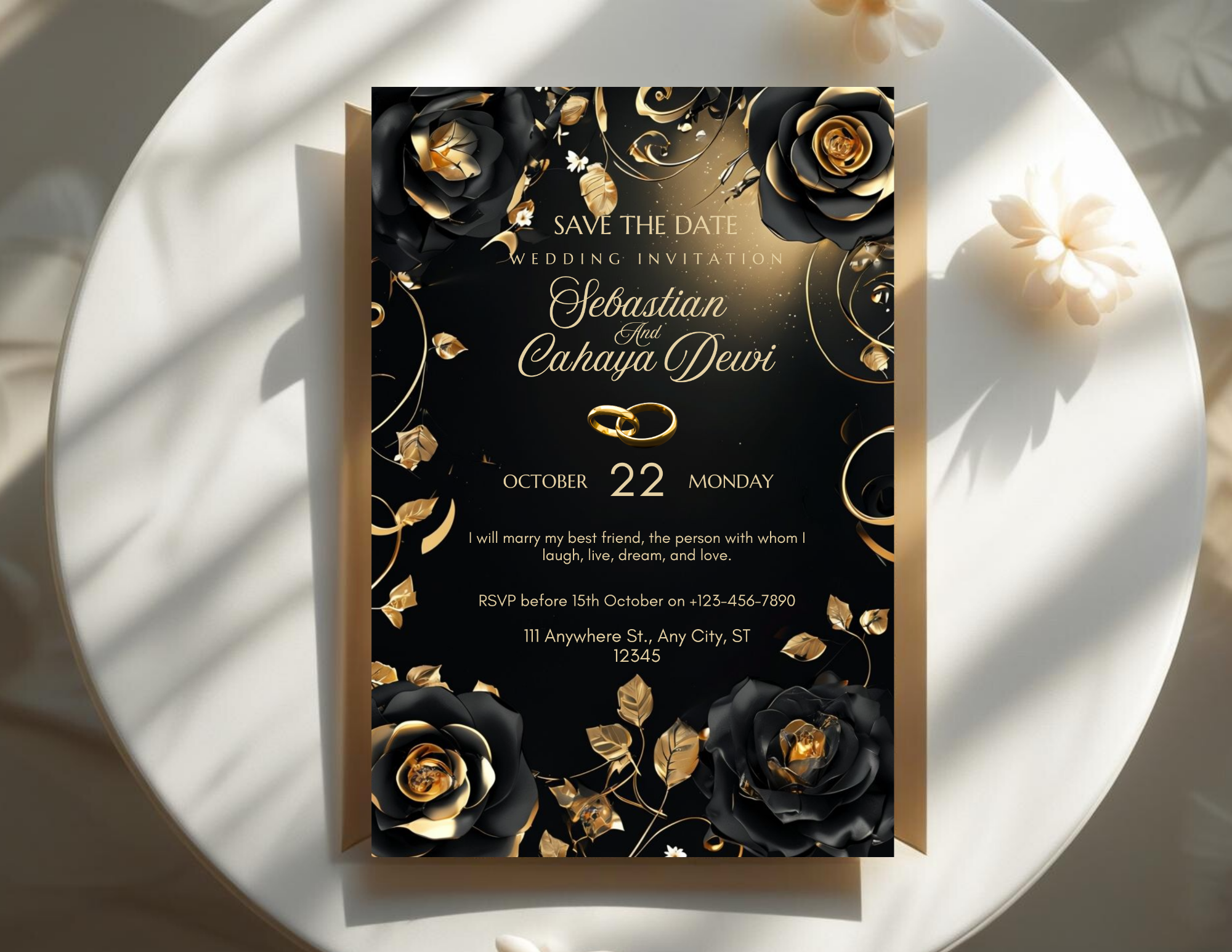 Luxury Black and Gold Wedding Invitation Template, Editable Canva Save the Date, Elegant Floral Digital Invite, Printable & Mobile Version