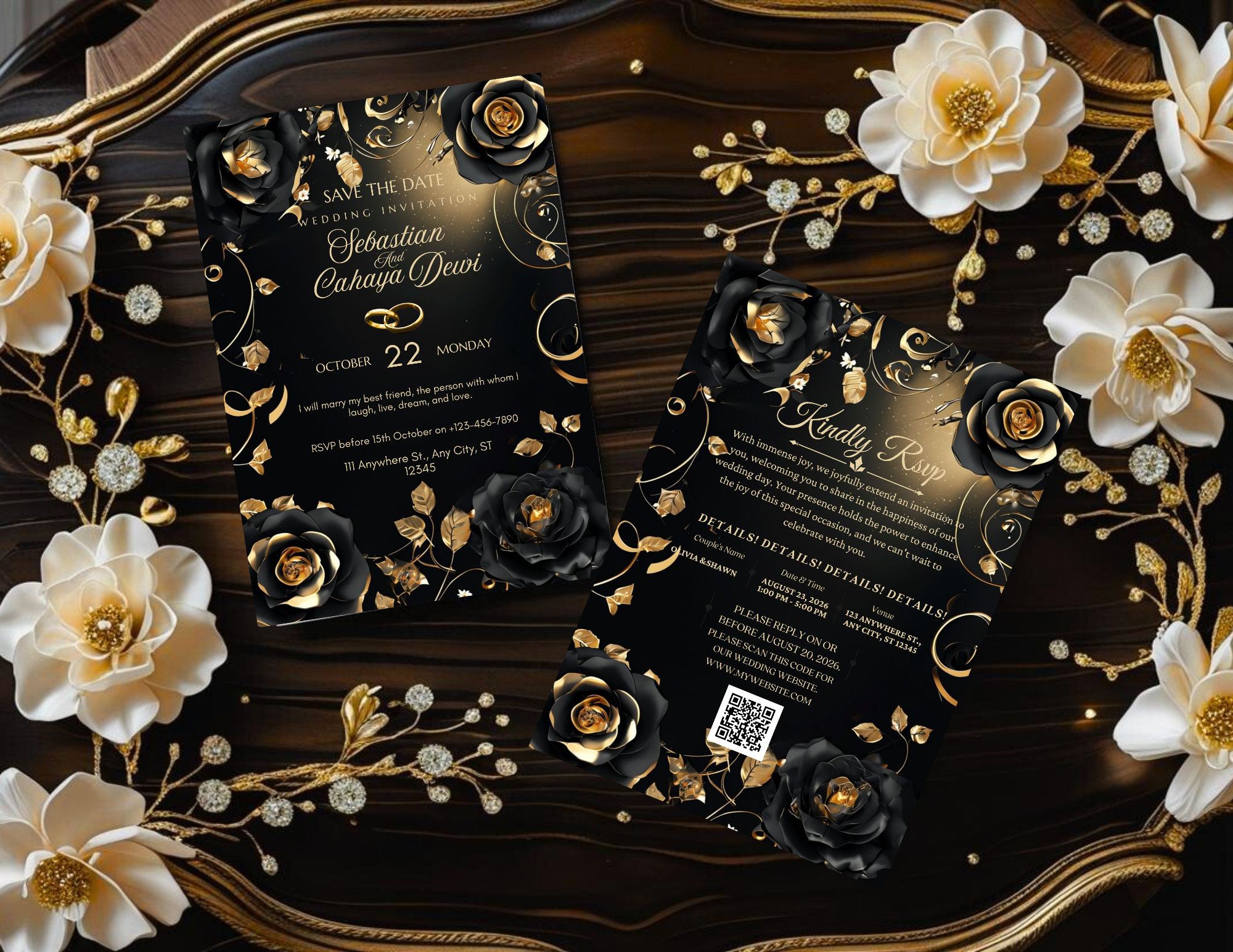 Luxury Black and Gold Wedding Invitation Template, Editable Canva Save the Date, Elegant Floral Digital Invite, Printable & Mobile Version