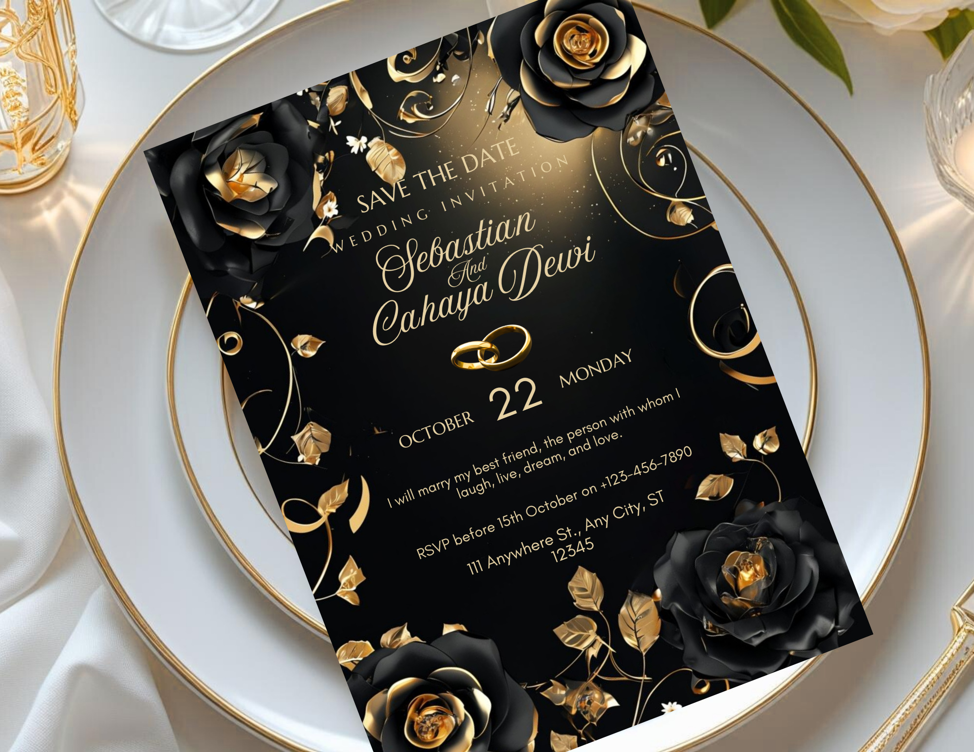 Luxury Black and Gold Wedding Invitation Template, Editable Canva Save the Date, Elegant Floral Digital Invite, Printable & Mobile Version
