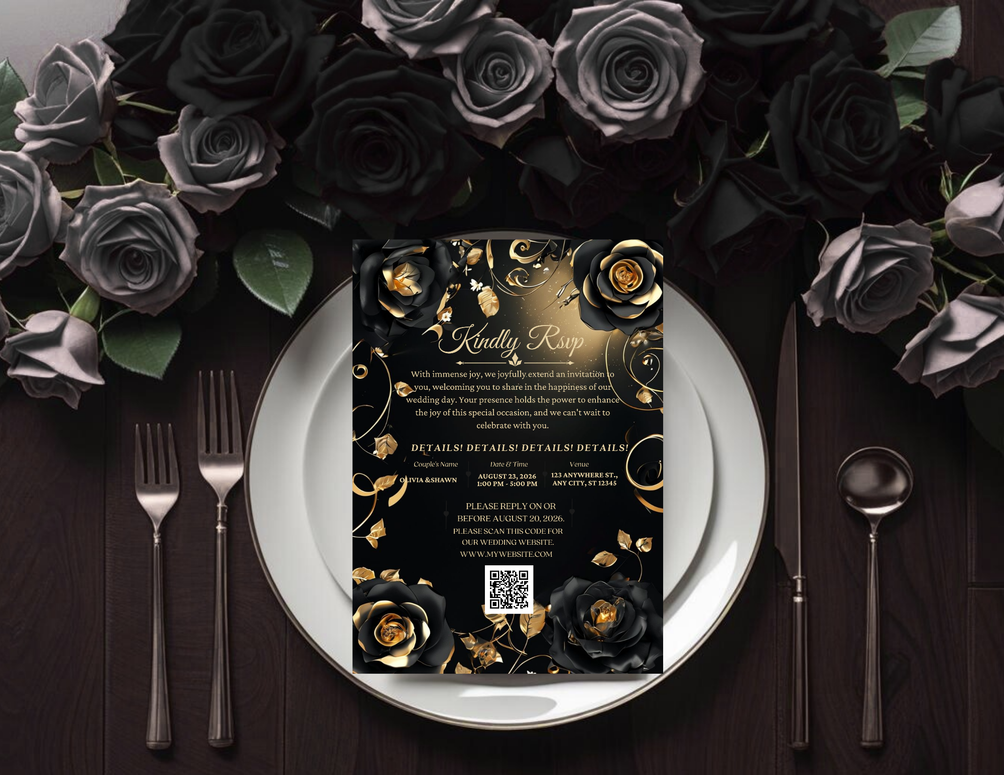 Luxury Black and Gold Wedding Invitation Template, Editable Canva Save the Date, Elegant Floral Digital Invite, Printable & Mobile Version