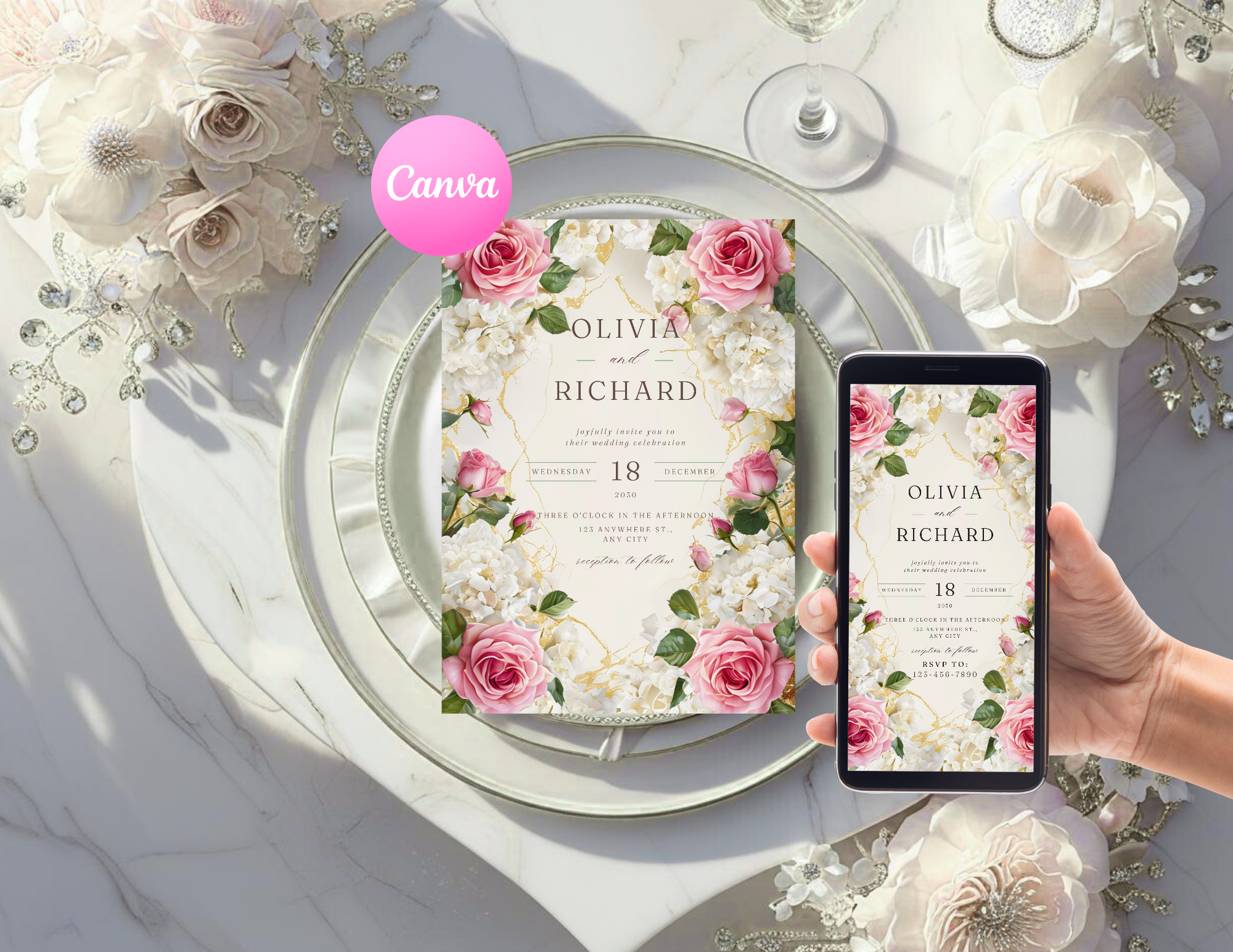 Pink Floral Wedding Invitation Template, Editable Canva Wedding Invite, Romantic Rose & Hydrangea Printable Invitation, Digital Download