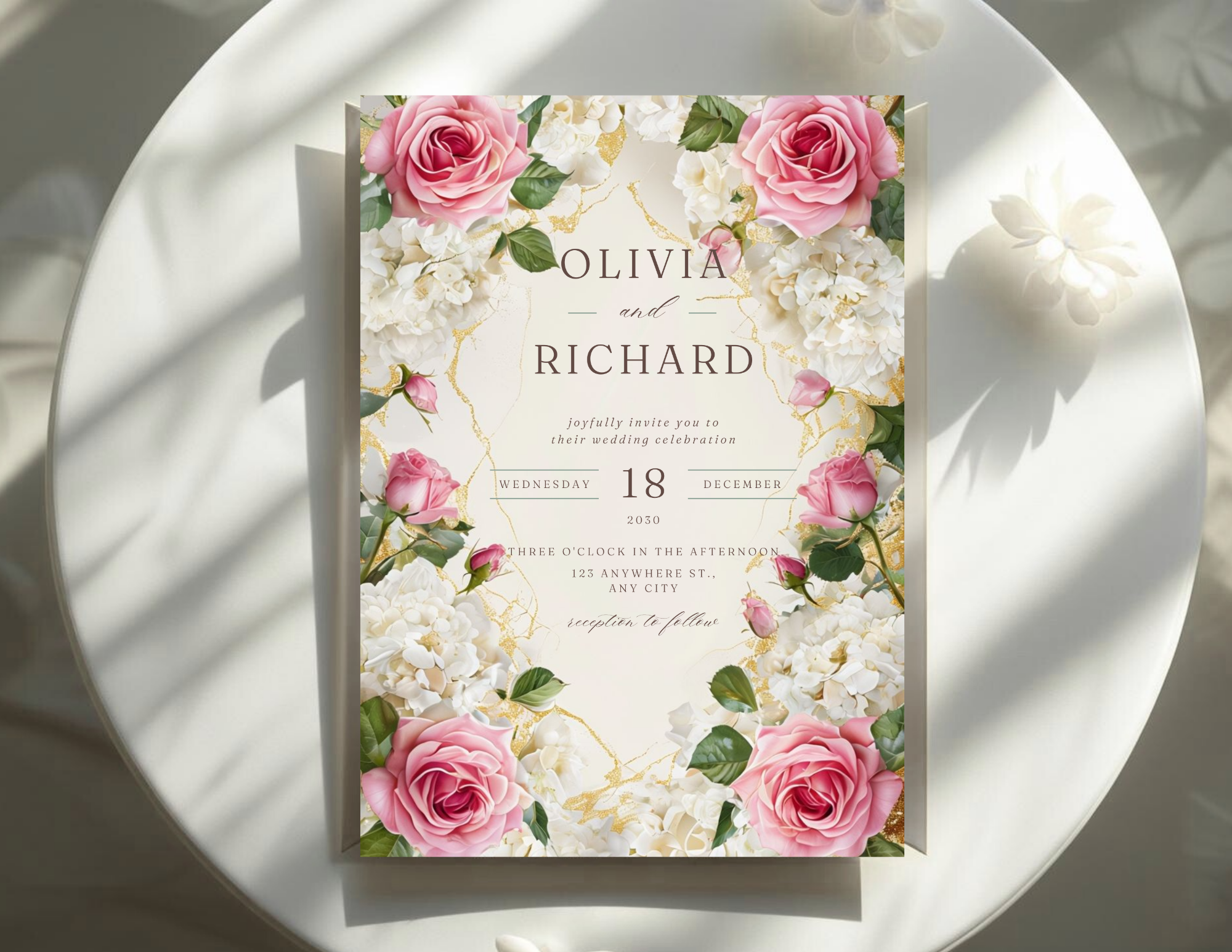 Pink Floral Wedding Invitation Template, Editable Canva Wedding Invite, Romantic Rose & Hydrangea Printable Invitation, Digital Download