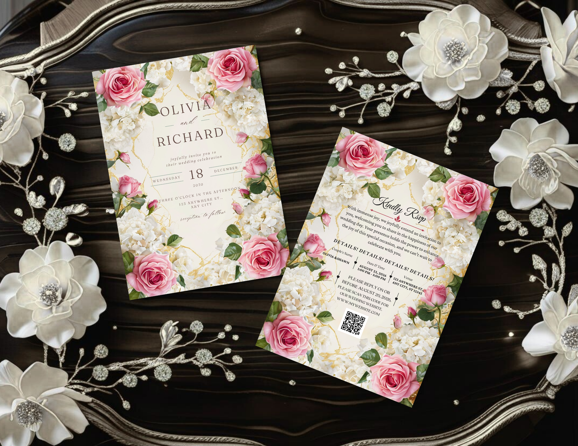 Pink Floral Wedding Invitation Template, Editable Canva Wedding Invite, Romantic Rose & Hydrangea Printable Invitation, Digital Download