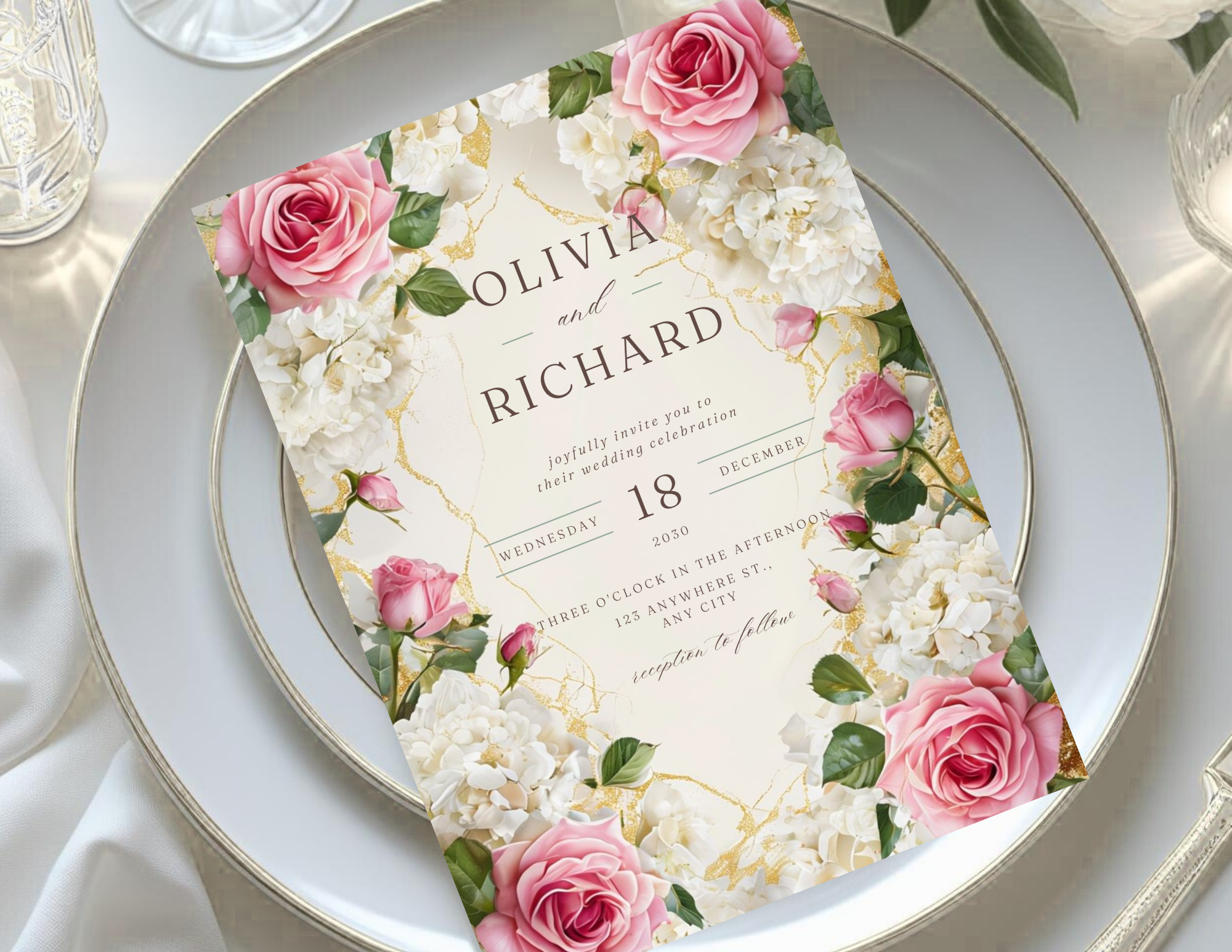 Pink Floral Wedding Invitation Template, Editable Canva Wedding Invite, Romantic Rose & Hydrangea Printable Invitation, Digital Download