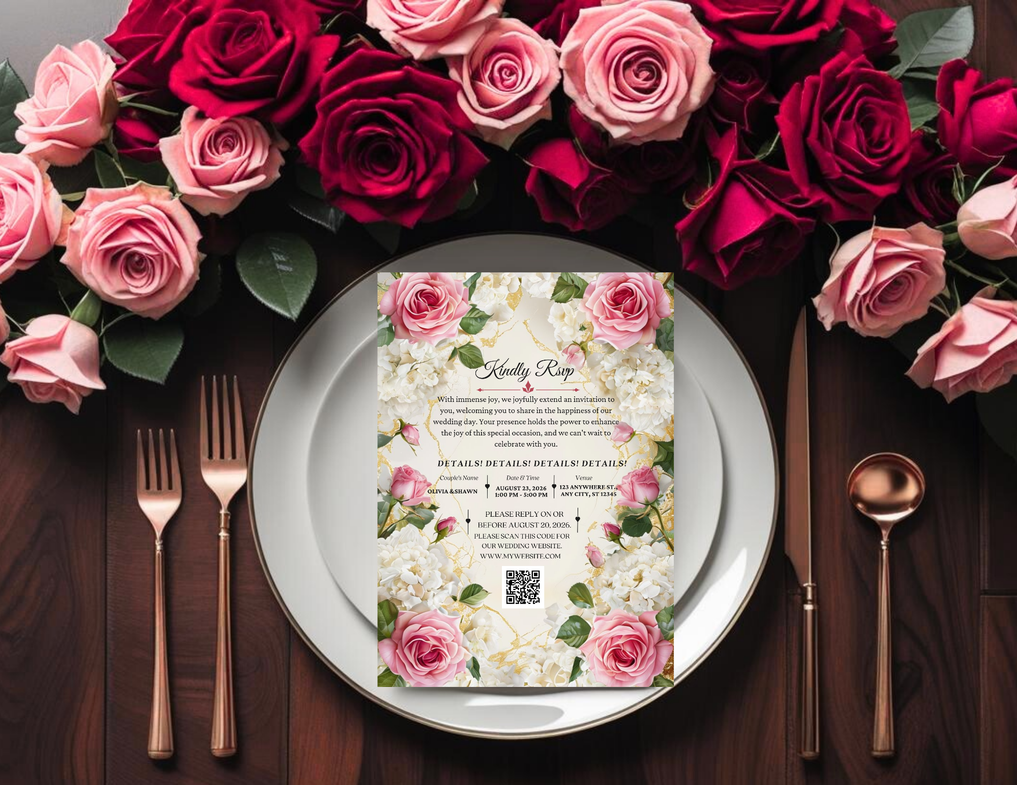 Pink Floral Wedding Invitation Template, Editable Canva Wedding Invite, Romantic Rose & Hydrangea Printable Invitation, Digital Download